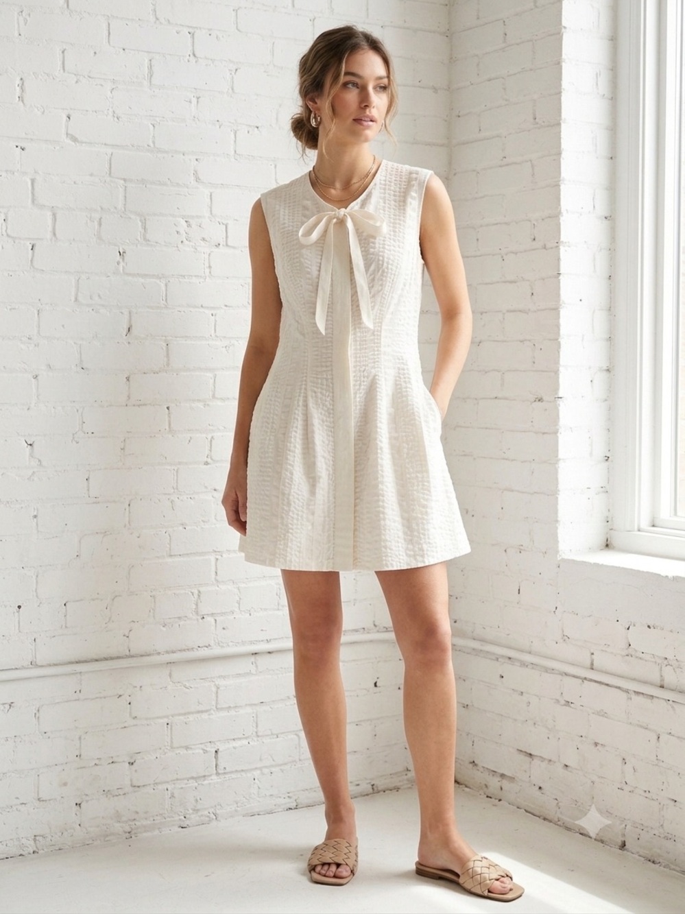 Sportmax White/Cream Textured A-Line Mini Dress w/ Bow Accent Sz 2⁠